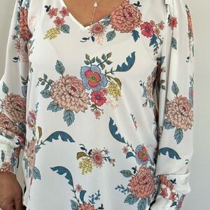 LOFT White V-Neck Floral Blouse with Pink & Blue Blooms
